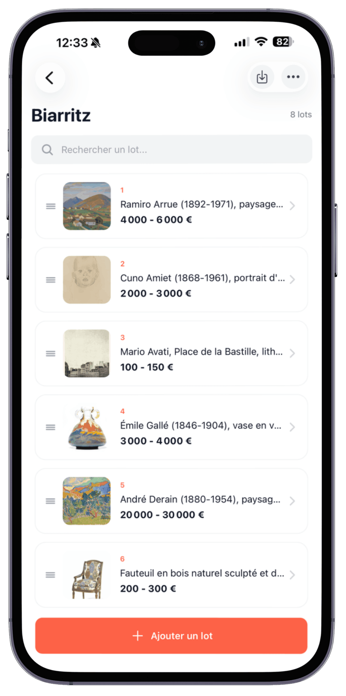 Application mobile Start : liste de lots