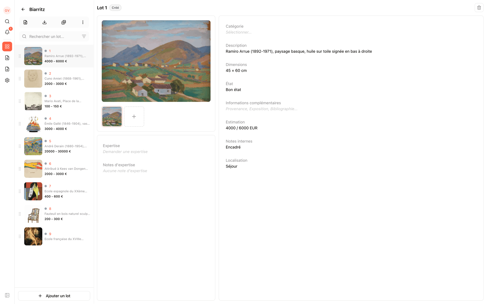 Interface web de Start : fiche détaillée d'un lot avec estimation et description